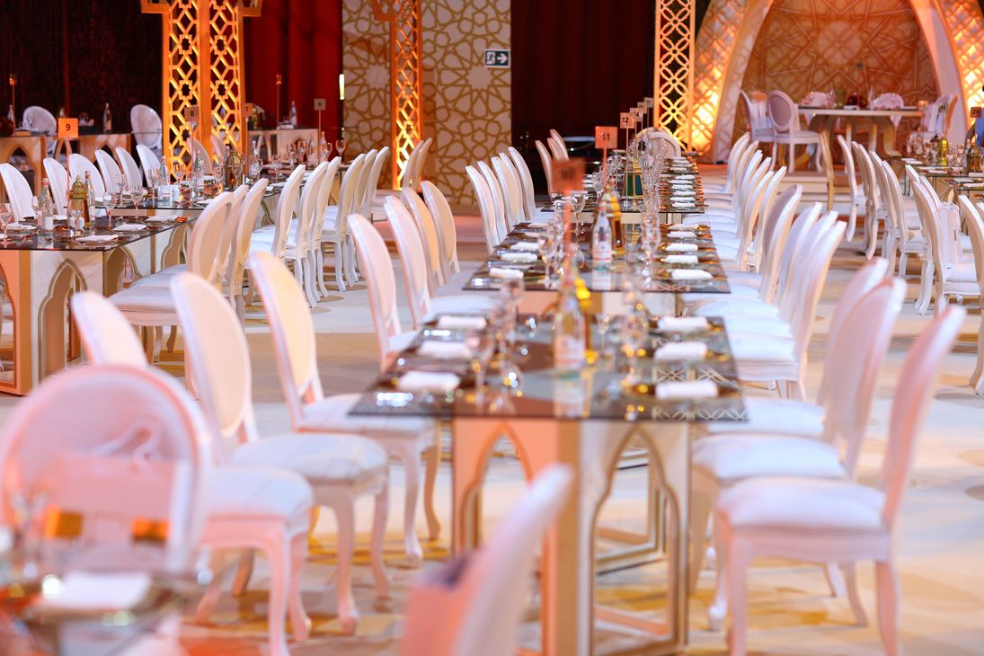 Gala dinner setup with elegant table arrangement